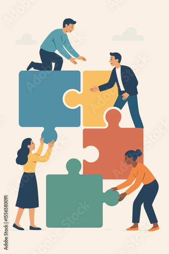 Business concept of teamwork and cooperation. Diverse team of people connecting puzzle elements. A metaphor for partnership, problem-solving, connection and collaboration. Modern flat vector.