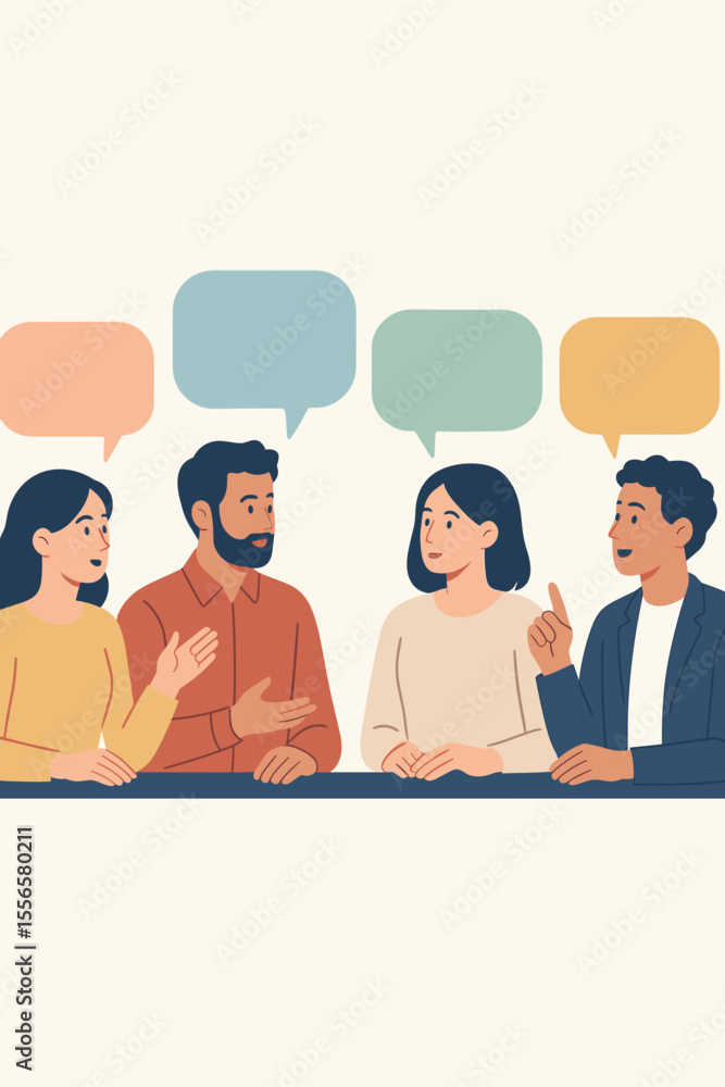 Diverse group discussion and teamwork illustration. People brainstorming ideas, sharing opinions, collaborating in meeting, conversation with speech bubbles. Communication, office, business concept Diverse group discussion and teamwork illustration. People brainstorming ideas, sharing opinions, collaborating in meeting, conversation with speech bubbles. Communication, office, business concept