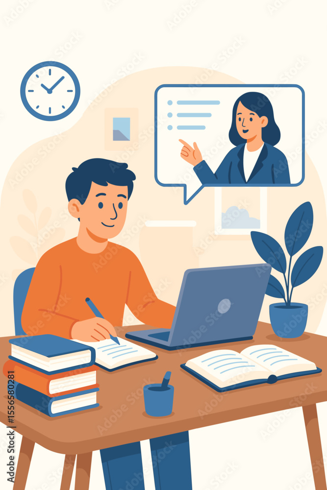 Distance learning student studying online at home with laptop, virtual teacher, digital education, remote classes, online courses, exam preparation, textbooks, homeschooling, modern flat vector Distance learning student studying online at home with laptop, virtual teacher, digital education, remote classes, online courses, exam preparation, textbooks, homeschooling, modern flat vector
