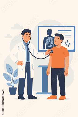 Doctor performing full body health checkup with stethoscope, patient consultation in clinic, medical examination, healthcare diagnosis, modern flat cartoon vector illustration, hospital visit concept