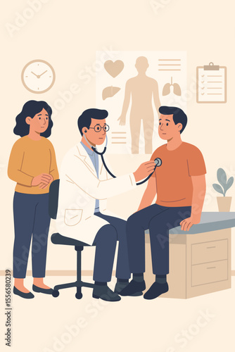 Doctor Examining Patient with Stethoscope in Medical Clinic, Family Healthcare Consultation, Routine Health Checkup, Preventive Medicine, Modern Hospital Visit, Flat Vector Illustration