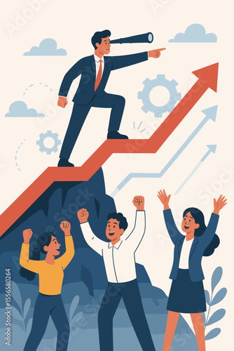 Business leader with a telescope shows direction for success and growth. Happy team celebrates victory and achievement. Concept of leadership, vision, teamwork, and overcoming obstacles.