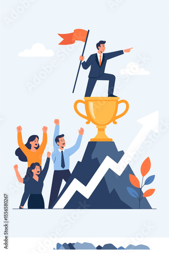 Business leader on mountain peak with trophy and flag, pointing towards success. Cheering team celebrates victory and achievement. Vector concept for teamwork, career growth, and goals.