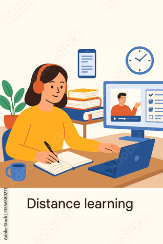 Distance learning student studying online at home, virtual classroom, remote education, online courses, exam preparation, digital textbooks, homeschooling, modern flat vector illustration
