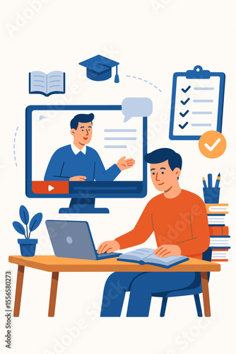 Distance Learning Online Education Vector. Student Studying at Home with Laptop, Books, Virtual Classes, Online Courses, Exam Preparation, E-Learning, Remote Schooling, Modern Flat Illustration