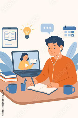 Distance Learning Online Education Concept. Student Studying at Home with Laptop, Digital Books, Virtual Courses, Exam Preparation, Remote Classes, Modern Flat Vector Illustration for E-Learning