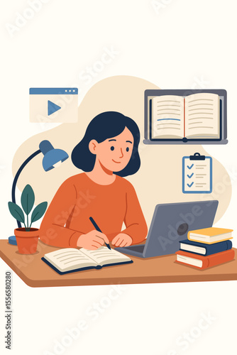 Distance Learning Student Studying Online Courses at Home Desk, Writing Notes, Using Laptop, Digital Books, Exam Preparation, Homeschooling, Modern Education, E-Learning Concept Vector