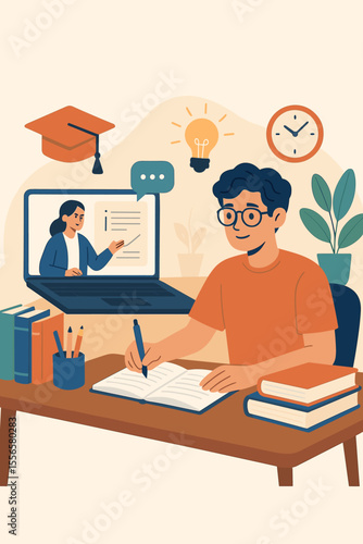 Distance Learning Online Education Vector Illustration. Student Studying at Home with Laptop, Teacher on Screen, Books, Exam Preparation, E-Learning, Virtual Classroom, Remote Schooling Concept