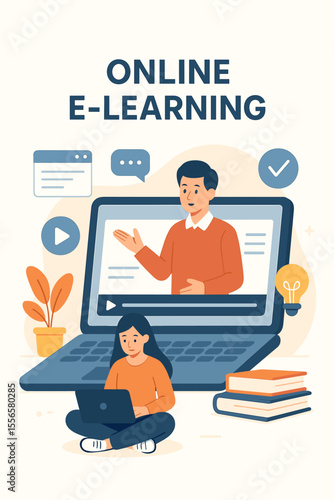 Online E-Learning Distance Education Illustration. Student with Laptop Attending Virtual Class. Remote Learning, Digital Course, Web Seminar, Internet Study, Modern Flat Cartoon Vector Design