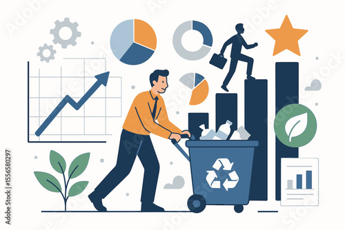 ESG concept vector illustration of business growth and environmental sustainability. Man recycling garbage, with career success chart, data analysis graphs, and eco-friendly icons.