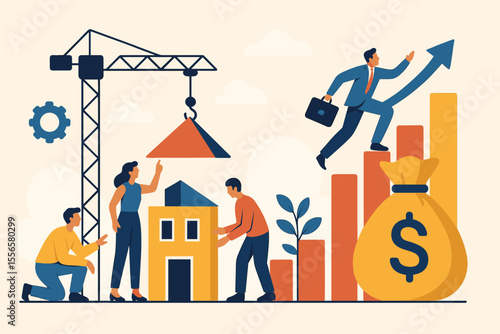 Business teamwork building company concept vector. People construct house with crane. Businessman runs up growth chart for career success. Financial profit, investment and money.