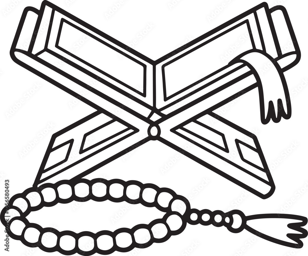 Obraz premium Black Silhouette Quran Stand Prayer Beads Islamic Religious Symbol Line Art Design vector