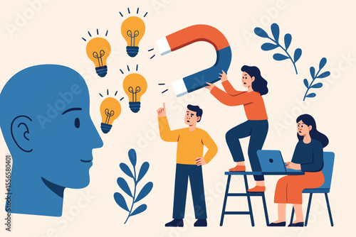 Creative teamwork brainstorming concept. Team attracting ideas with magnet from human head. Innovative collaboration, idea generation, group problem solving, modern flat vector illustration
