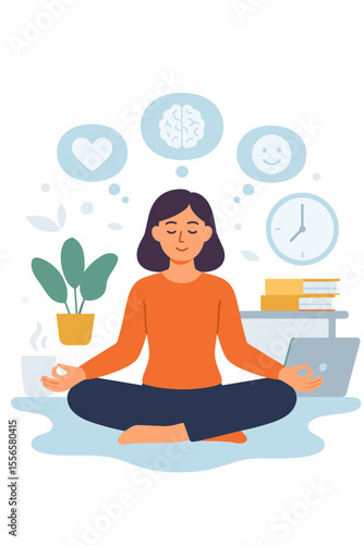 Office meditation break concept. Woman practicing mindfulness, yoga, stress relief at work. Mental health, emotional balance, productivity, wellness, relaxation. Modern workplace vector illustration