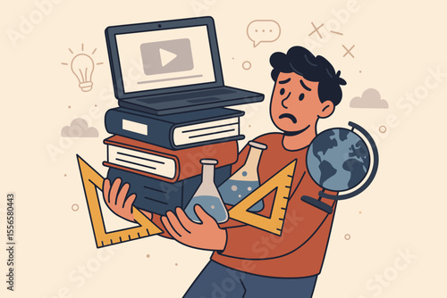 Distance Learning Education Vector, Online Courses, Study Guides, Exam Preparation, Homeschooling, E-Learning, Student with Books, Laptop, Science, Math, Globe, School Supplies Illustration