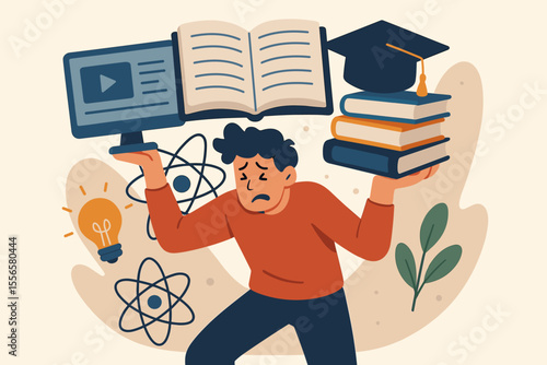 Overwhelmed Student Balancing Online Learning, Distance Education, Study Guides, Exam Preparation, Home Schooling, E-Learning, Academic Stress, Books, Knowledge, Digital Education Challenges