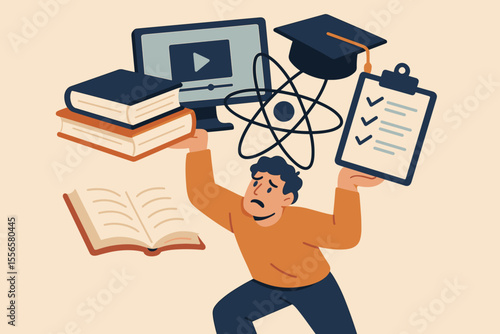 Overwhelmed Student Balancing Distance Learning, Online Courses, Exam Preparation, Study Guides, Books, Virtual Education, Homeschooling, Academic Stress, E-Learning Challenges Concept