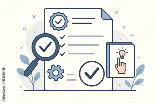 Document Specification Checklist, Requirements Verification, Instructions for Use, Quality Control, Flat Style Vector Illustration, Magnifying Glass, Gear, Hand Clicks Light Bulb, Modern Concept