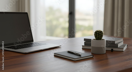 Wallpaper Mural A clean home office desk with a laptop, notebooks, and a cactus in a modern, minimalist workspace. Concept for remote work, studying, and productivity.
 Torontodigital.ca