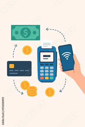 Modern financial transactions vector. POS terminal, NFC contactless payment with smartphone, credit card, cash, coins. Digital wallet, electronic banking, money transfer, payment system illustration