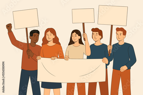 Diverse group of men and women holding blank banners and posters, participating in protest, rally, demonstration, activism, social movement, political parade, flat modern vector illustration