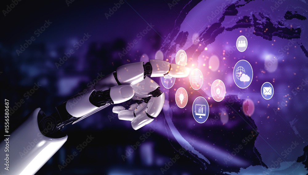 Obraz premium AI assists in organizing and visualizing a digital ecosystem of business icons to represent key services like finance, analytics, and secure cloud platforms in modern industries Vouch