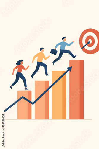 Business team running up bar chart towards target, achieving goals, career growth, success, motivation, teamwork, progress, leadership, reaching objectives, modern flat vector illustration