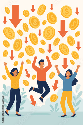 Happy people celebrating falling gold coins, price drop, big discounts, financial success, lottery win, jackpot, wealth, profit, business achievement, modern flat cartoon vector illustration