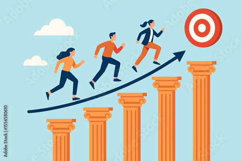 Teamwork achievement concept. Business people running up columns toward target. Success, motivation, goal setting, leadership, career growth, progress, teamwork, ambition, reaching objectives.