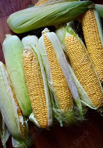 A pile of fresh organic corn. Fresh harvest. View from the top.
