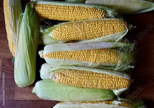 A pile of fresh organic corn. Fresh harvest. View from the top.