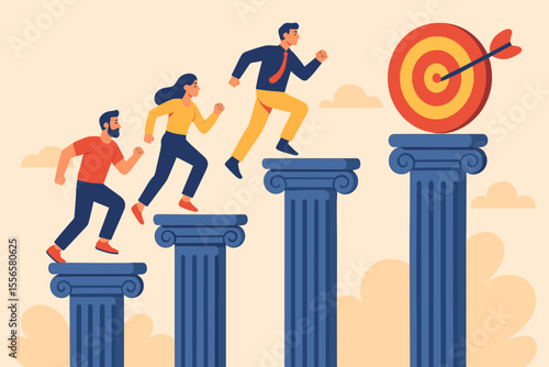 Business team running up columns towards target. Success, achievement, growth, motivation, teamwork, leadership, career path, goal setting, progress, ambition, reaching objectives, opportunity