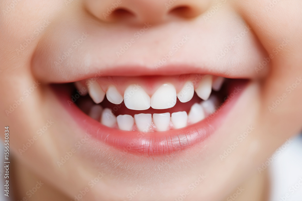 Obraz premium Close-up of a child's smile with clean white baby teeth. Happy expression. Perfect for dental care, oral health.