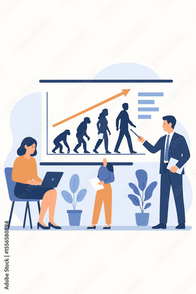 Business Team Analyzing Evolutionary Scale Infographic, Office Workers Studying Growth Chart, Professional Presentation, Modern Flat Vector Illustration, Corporate Data Analysis Concept Business Team Analyzing Evolutionary Scale Infographic, Office Workers Studying Growth Chart, Professional Presentation, Modern Flat Vector Illustration, Corporate Data Analysis Concept