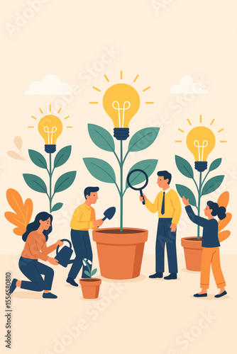 Teamwork nurturing creative ideas growth. People growing potted plants with light bulbs as metaphor for innovation, brainstorming, project development, business success, teamwork, inspiration
