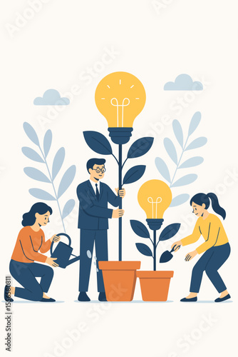 Teamwork nurturing creative ideas growth. Business people watering potted plants with light bulbs. Innovation, project development, brainstorming, collaboration, leadership, creative process concept