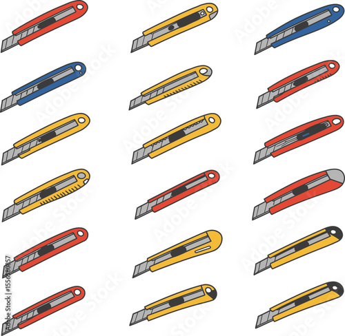 Extensive vector illustration showcasing an array of vibrant utility knives and box cutters in red, yellow, and blue, perfect for various cutting and crafting applications.
