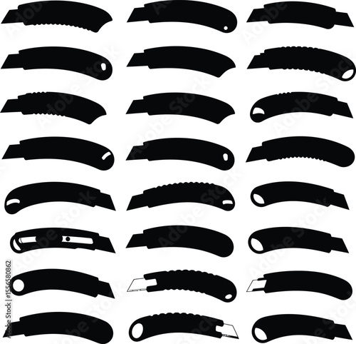 Extensive vector illustration displaying a wide range of utility knife and box cutter silhouettes, perfect for industrial, DIY, crafting, and construction design projects.