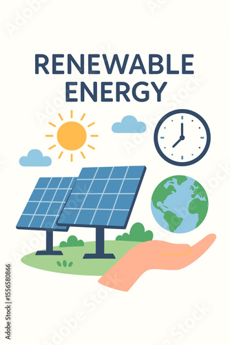 Renewable energy vector illustration. Solar panels generating clean electricity from sunlight. Eco-friendly technology, sustainable resources, environmental protection, green energy, earth hand care
