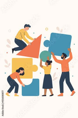 Diverse team collaboration concept. People assembling abstract geometric puzzle pieces. Teamwork, cooperation, partnership, problem solving, creative group project. Modern flat vector illustration