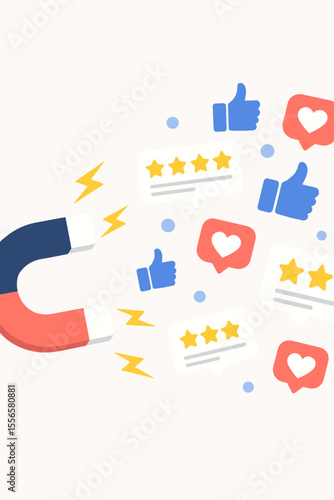 Magnet attracting social media likes, five star reviews, thumbs up, positive feedback, customer engagement, online reputation, digital marketing, influencer, rating concept, flat vector illustration