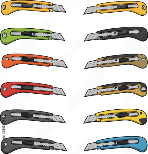 Diverse vector illustration showcasing a vibrant collection of retractable utility knives and box cutters in various colors, perfect for DIY, crafting, and construction projects.