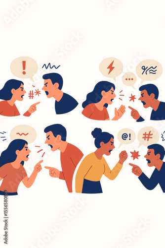 Angry couples arguing and shouting, aggressive people yelling and swearing at each other, conflict, relationship problems, emotional stress, flat vector illustration, communication issues