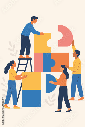 Teamwork collaboration concept. Diverse people assembling abstract geometric puzzle pieces. Group problem solving, cooperation, partnership, unity, creative teamwork, flat modern vector illustration