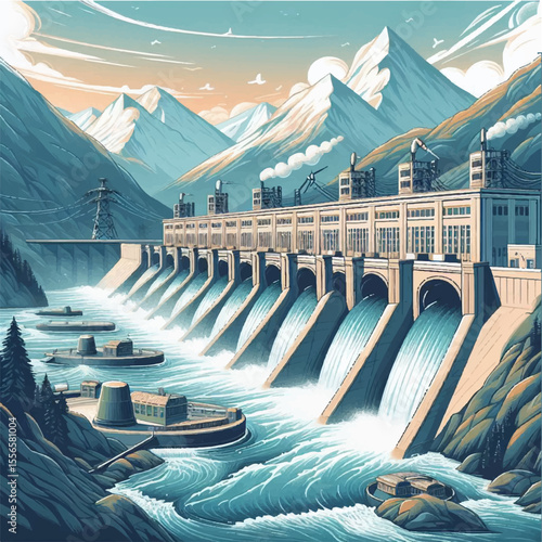 A hydroelectric power plant with turbines on the background of mountains and a river. The symbol of water as a renewable energy source and its importance for sustainable development. vector graphics.
