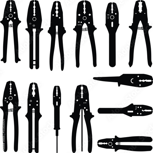 Comprehensive vector illustration showcasing various wire strippers and crimping tools in sleek black silhouettes, essential for electrical work, DIY, and handyman design projects.