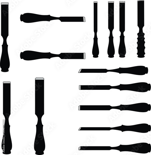 Wood chisel vector silhouettes: essential hand tools for woodworking, carving, and shaping, ideal for carpenters, artisans, and DIY enthusiasts creating detailed and precise projects.