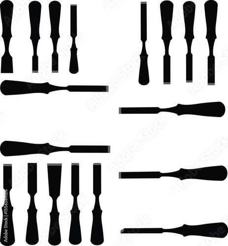Wood chisel vector silhouettes: essential hand tools for woodworking, carving, and shaping, ideal for carpenters, artisans, and DIY enthusiasts creating detailed and precise projects.
