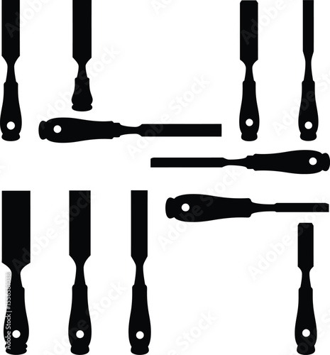 Wood chisel vector silhouettes: essential hand tools for woodworking, carving, and shaping, ideal for carpenters, artisans, and DIY enthusiasts creating detailed and precise projects.