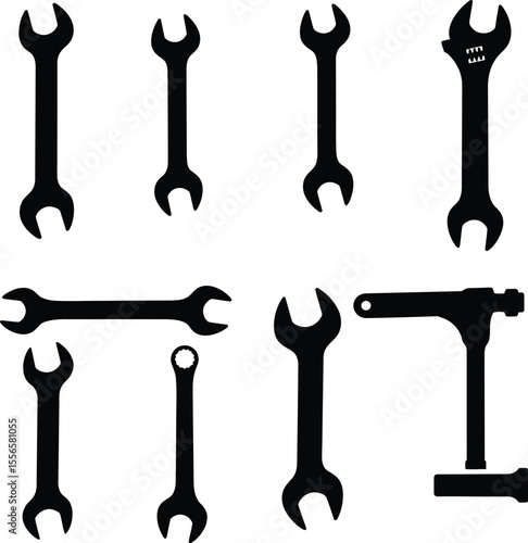 Wrench vector silhouettes: essential hand tools for mechanical, automotive, and industrial tasks, ideal for tightening and loosening bolts and nuts in diverse repair projects.